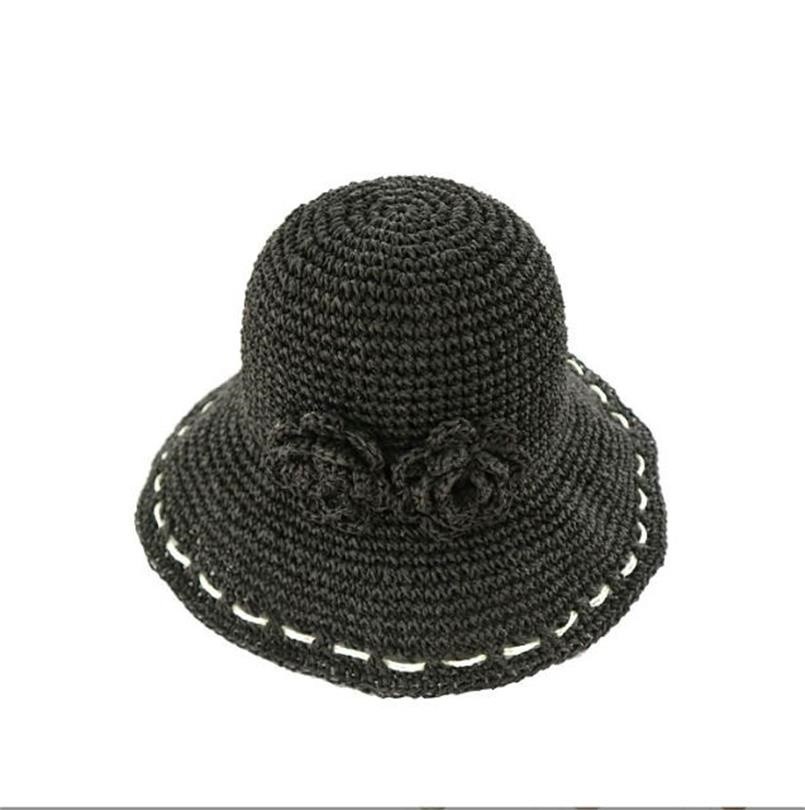 Promotional Floppy Foldable Paper Knitted bucket Decorated lady Bucket Summer Straw Crocheted women Beach sun Hats